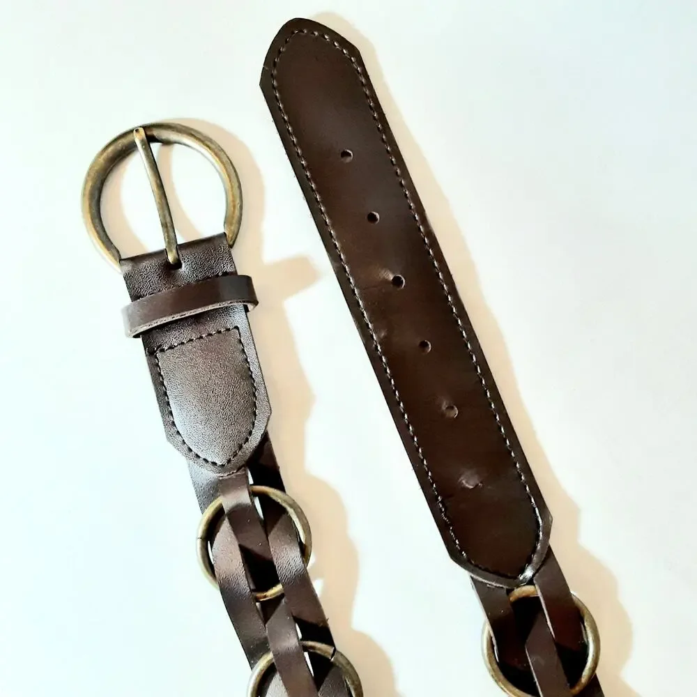 💎Unisex Dark Brown Faux Leather Belt L Antique Brass Rings Multi Strap Design